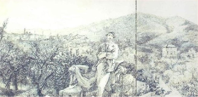 Panorama di Teramo. colline circostanti e Gran Sasso, con presunto ritratto del pittore Pasquale Della Monica (part.), non firmato